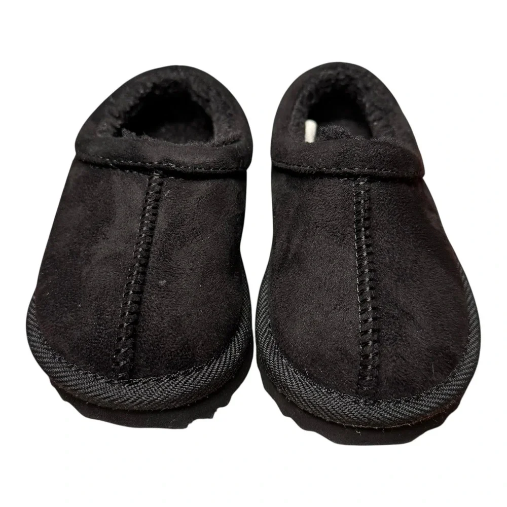 Kids Black Suede Like Slippers Size 5 Faux Fur Lined‎ Slip On House Shoes SU